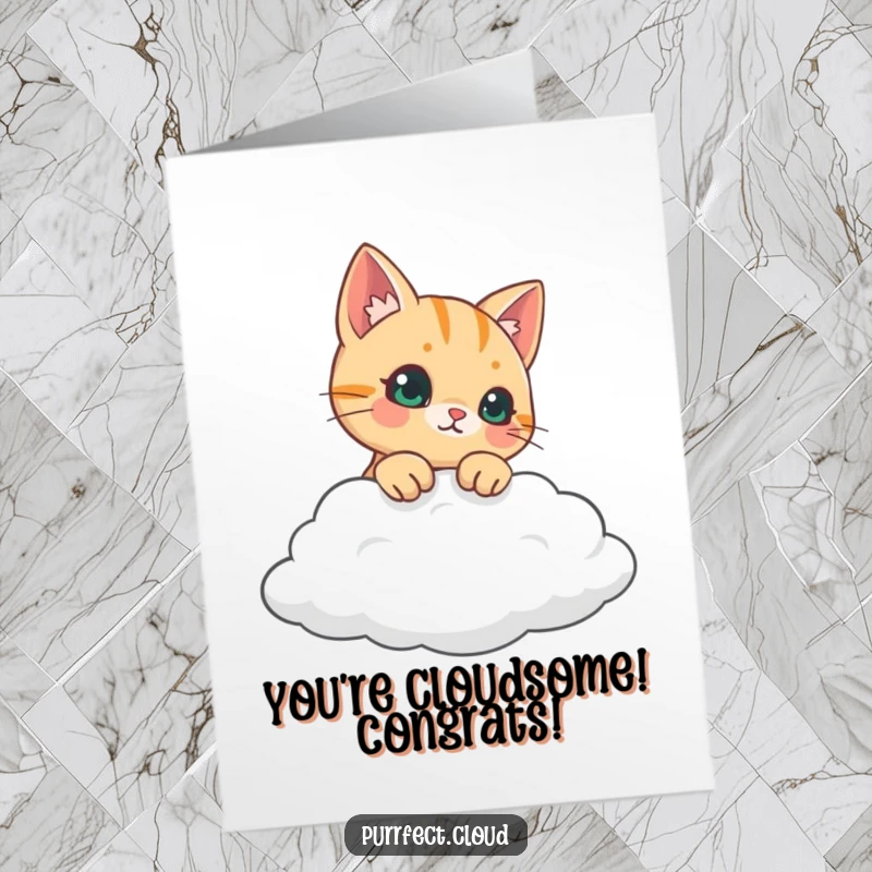 Funny Free Printable Congratulations Card: A curious cat peeking over a cloud, ready to celebrate your success.