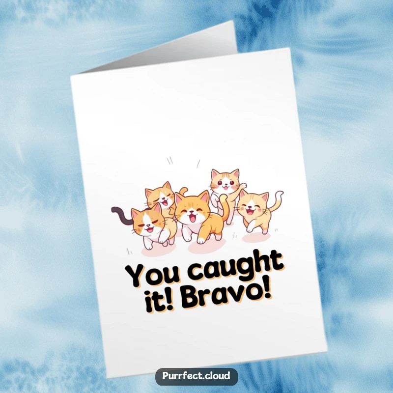 Funny Free Printable Congratulations Card: Excited cats chase each other through the sky, celebrating your amazing success with glee.