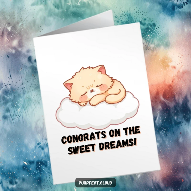 Cute Free Printable Congratulations Card: A fluffy cat sleeping soundly on a soft cloud, embodying peaceful success.