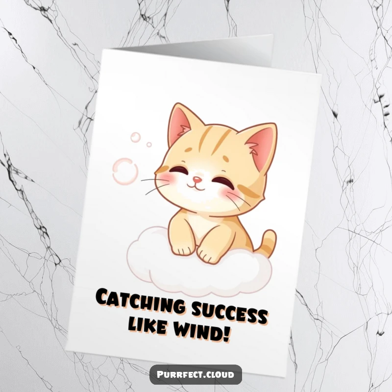 Funny Free Printable Congrats Card: A cat on a cloud reaching for a soft puff of wind, celebrating success.