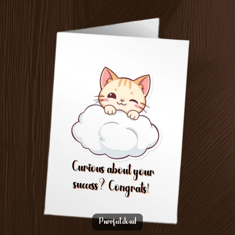 Funny Free Printable Congratulations Card: A cat with wide, curious eyes peeking over the edge of a soft cloud.