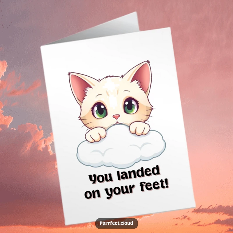 Funny Free Printable Congrats Card: A wide-eyed cat curiously peeking over a cloud's edge, exploring new horizons.