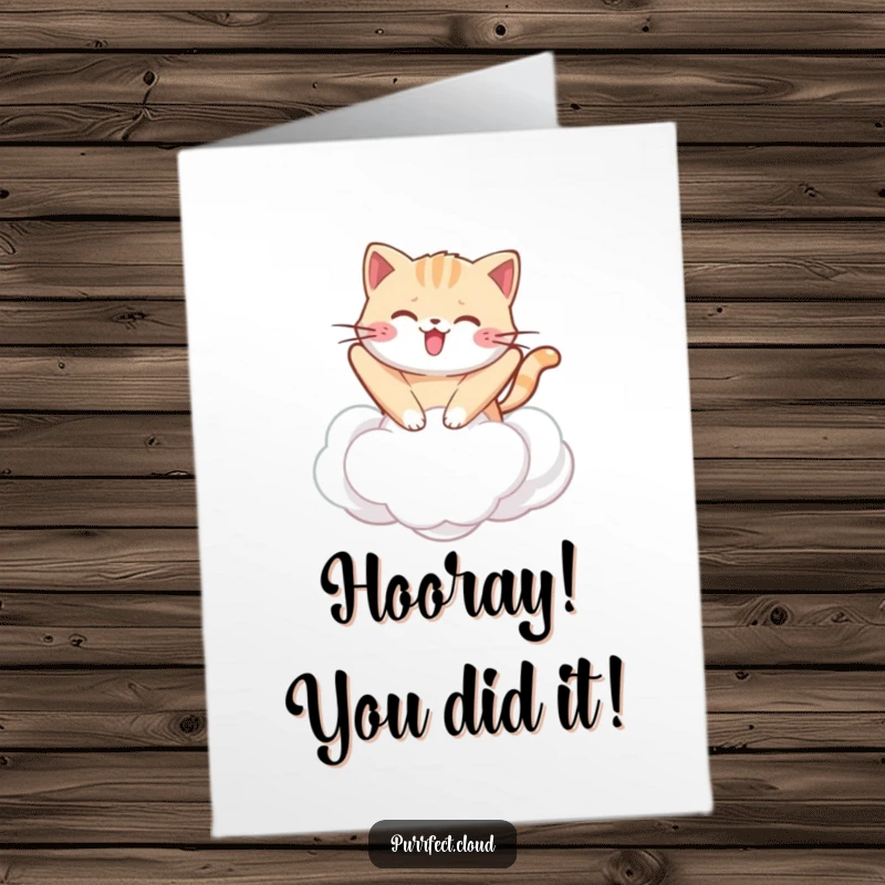 Funny Free Printable Congratulations Card: a kawaii cat bounces gleefully on a plush white cloud, radiating happiness.