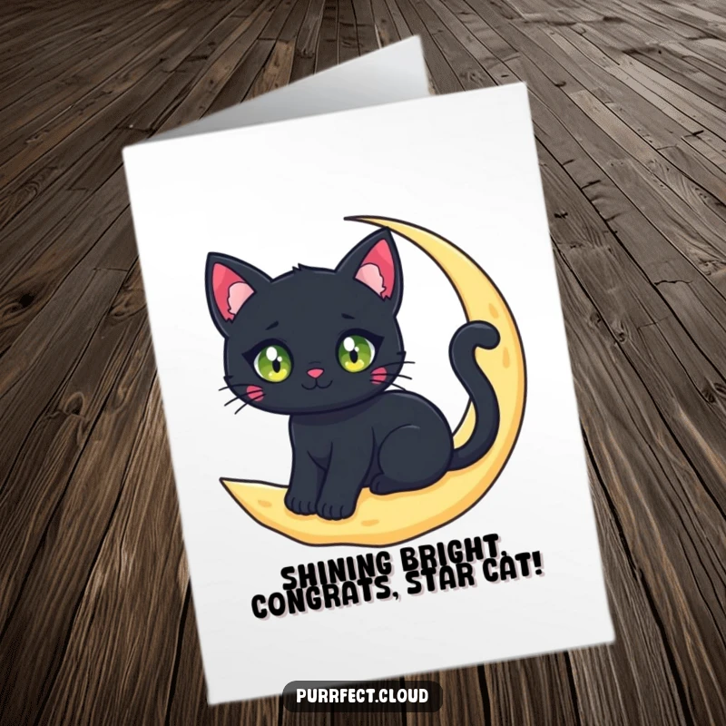 Funny free printable congratulations card showing a black cat with sparkling eyes on a crescent moon cloud.