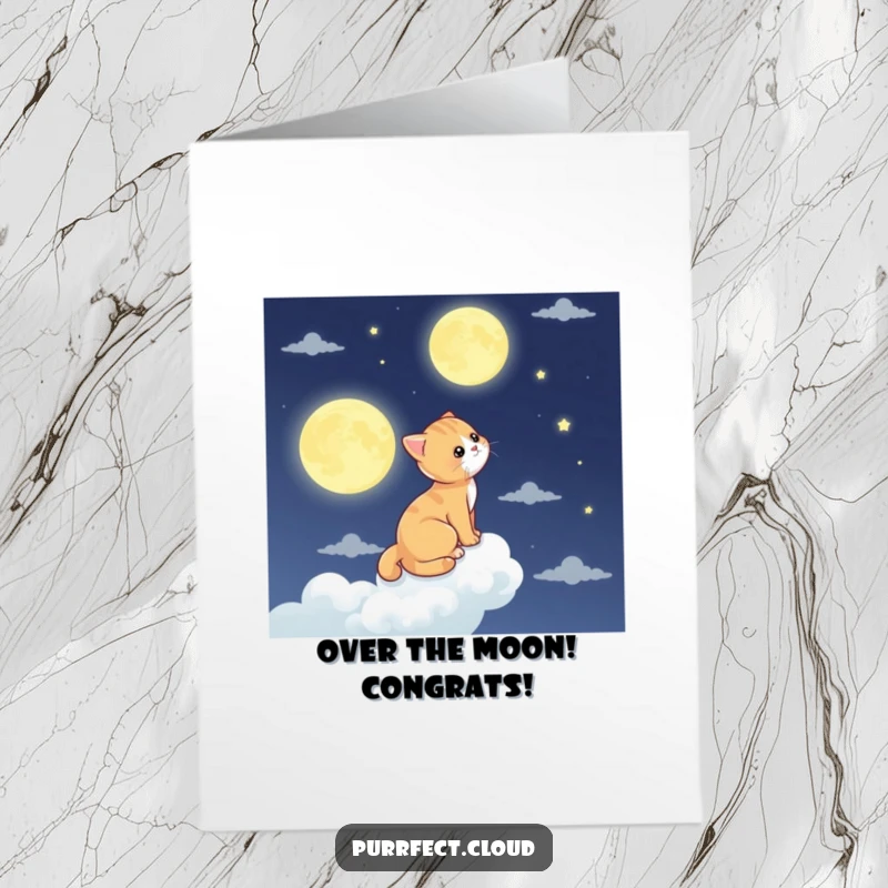 Funny Free Printable Congratulations Card: A cat gazes at the moon from a cloud perch, a dreamy and humorous downloadable art.