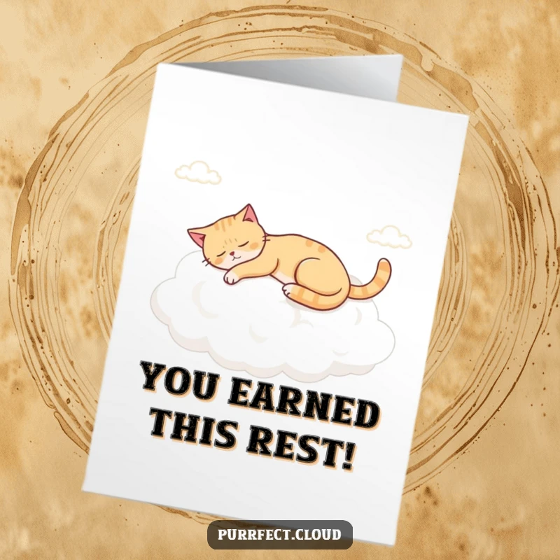 Funny Free Printable Congrats Card: Cat napping serenely on a large cloud, perfect for downloadable congratulations.