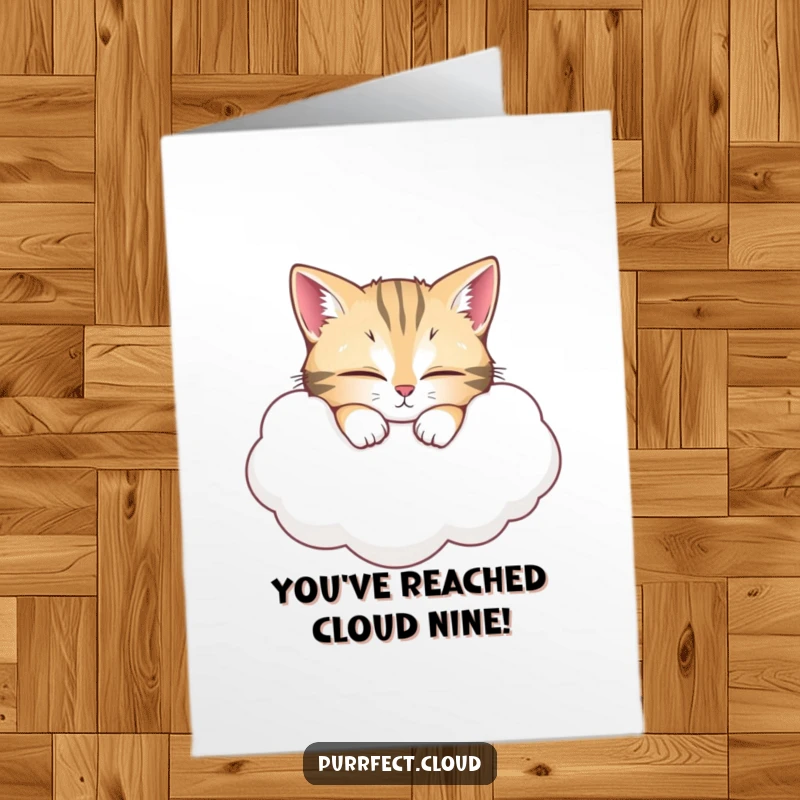 Funny Free Printable Congratulations Card showing a cat blissfully sleeping on a cloud, perfect for easy DIY gifting.