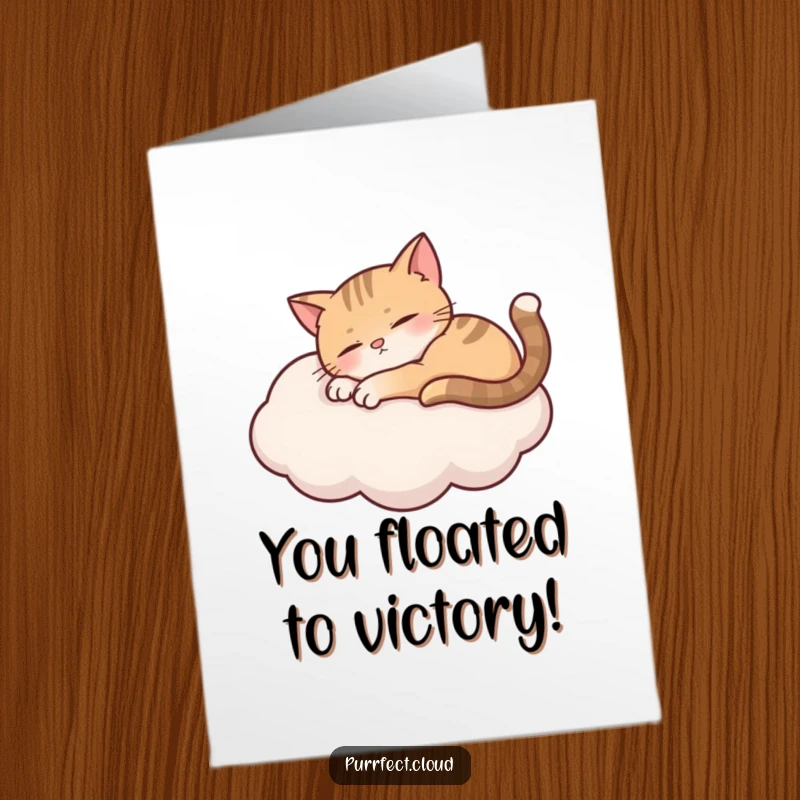 Funny Free Printable Congrats Card: A happy cat sleeping soundly on a cloud, celebrating peaceful success.