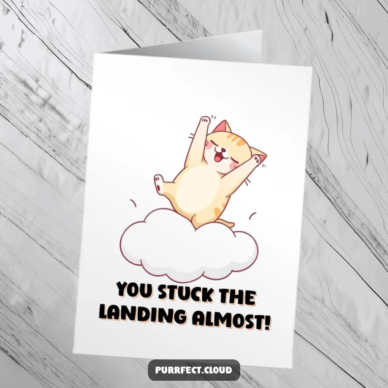 Funny Free Printable Congratulations Card depicting a cat hilariously failing a somersault on a cloud.