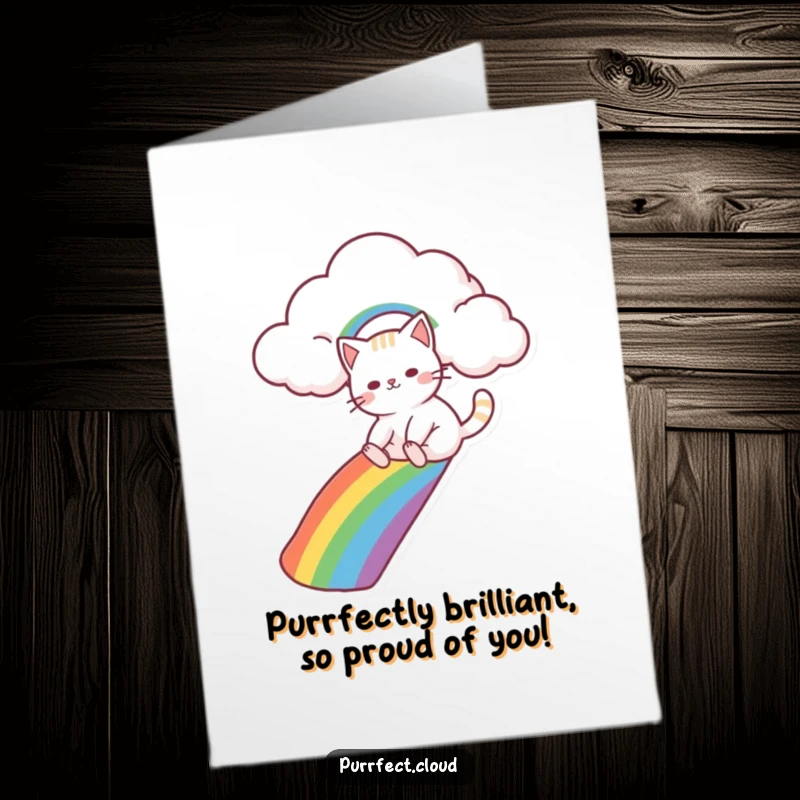 Free Printable Congratulations Card: A happy cat slides down a rainbow, celebrating success with a smile. Downloadable and fun.