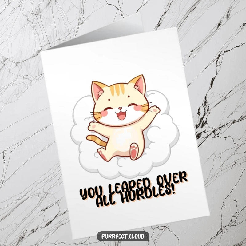 Funny Free Printable Congratulations Card featuring a playful cat character mid-leap through a fluffy white cloud.