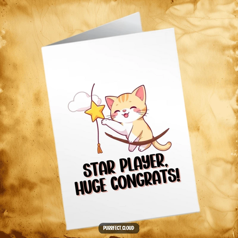 Funny free printable congratulations card: A lively cat playfully bats at a shiny star from its cloudy perch.