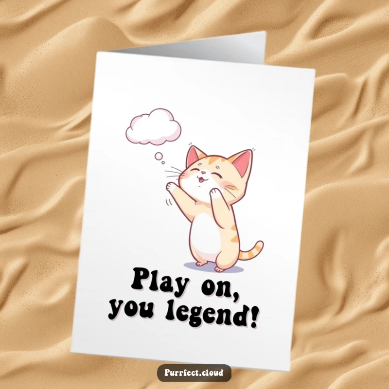 Funny Free Printable Congrats Card: A spirited cat playing with a cloud wisp, celebrating achievements.