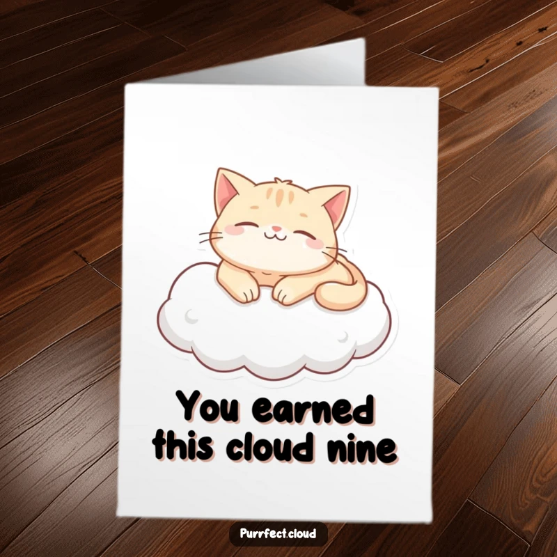 Funny Free Printable Congratulations Card showing a content cat character purring softly while lounging on a comfy cloud.