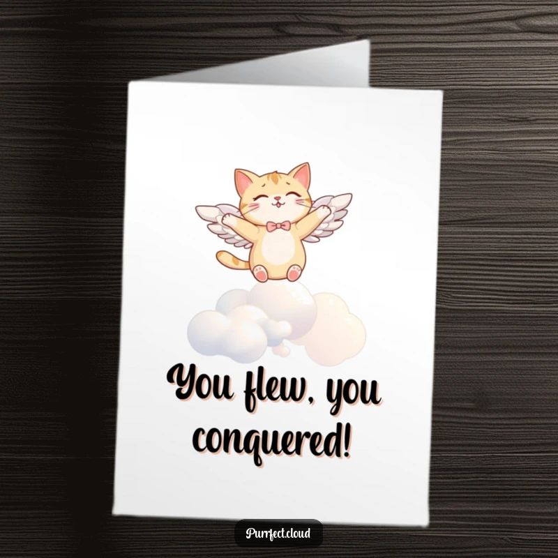 Funny Free Printable Congratulations Card: An angel cat with wings joyfully soars, celebrating a grand achievement.