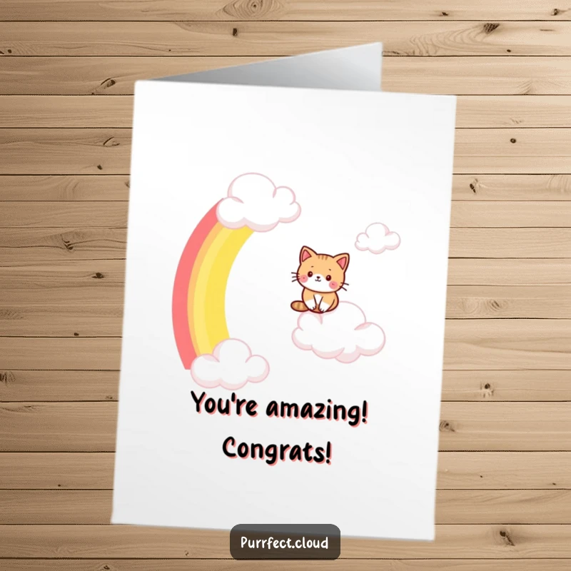 Funny Free Printable Congratulations Card featuring a cat gracefully sliding down a rainbow from one cloud to another, celebrating success.