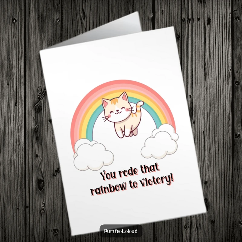 Funny Free Printable Congratulations Card showing a happy cat gracefully sliding down a rainbow above the clouds.