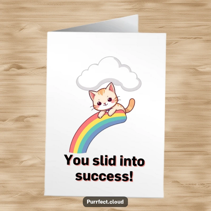 Funny Free Printable Congratulations Card: A joyful cat slides down a rainbow from a cloud, celebrating success.