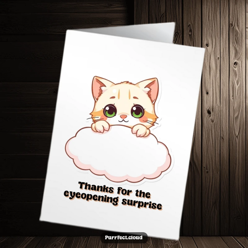 Funny Free Printable Thank You Card: A curious cat character peeks over the cloud's edge, eyes wide with intrigue.