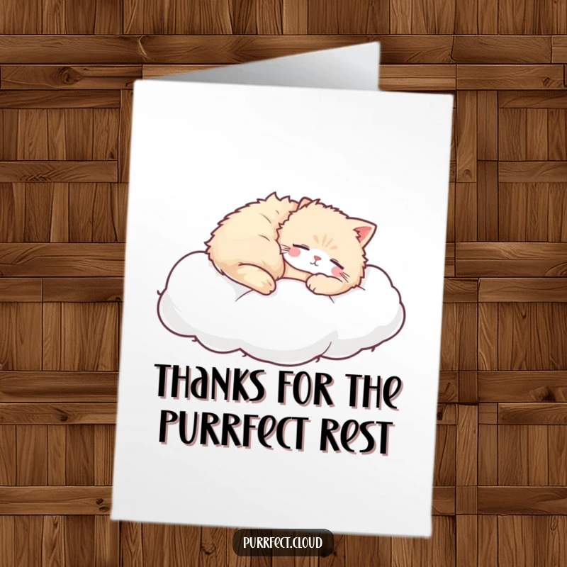 Free Printable thank you card: a fluffy cat snoozing soundly while napping on a plush, white cloud.