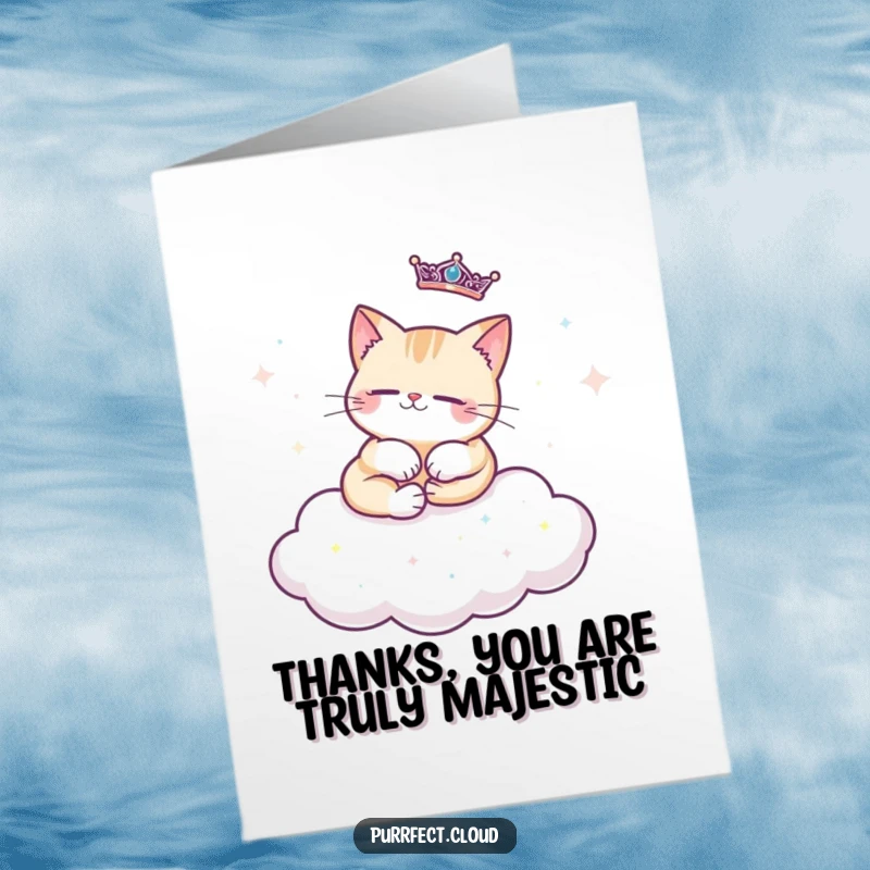 Free Printable Thank You Card: A cat lounges majestically on a cloud adorned with glitter.