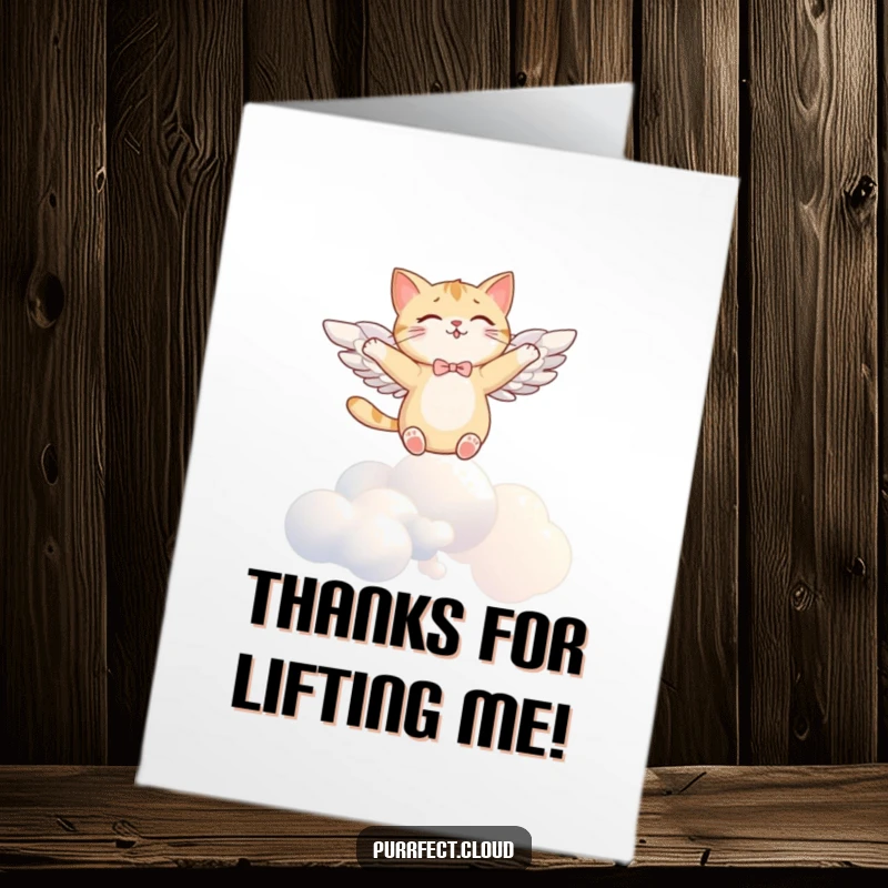 Funny Free Printable Thank You Card: A joyful cat with wings flying above the clouds, expressing heartfelt thanks.