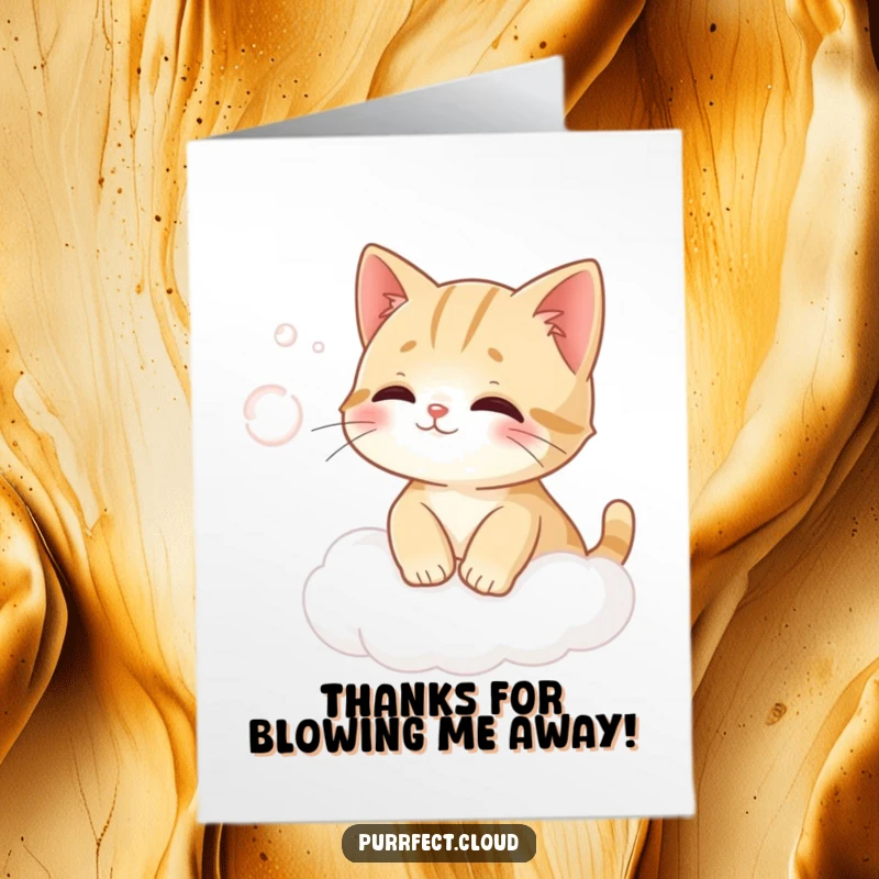 Funny Free Printable Thank You Card: Cat on a cloud attempting to catch a gentle breeze, expressing thanks.