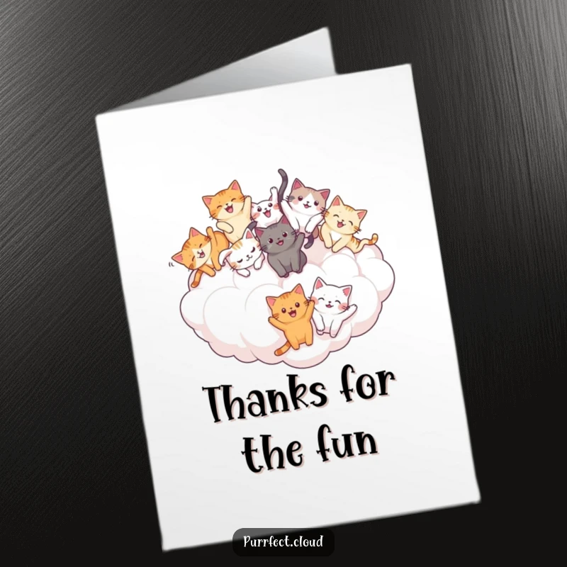 Funny Free Printable Thank You Card featuring cats joyfully tumbling all over a large, puffy cloud, a fun way to say thanks.