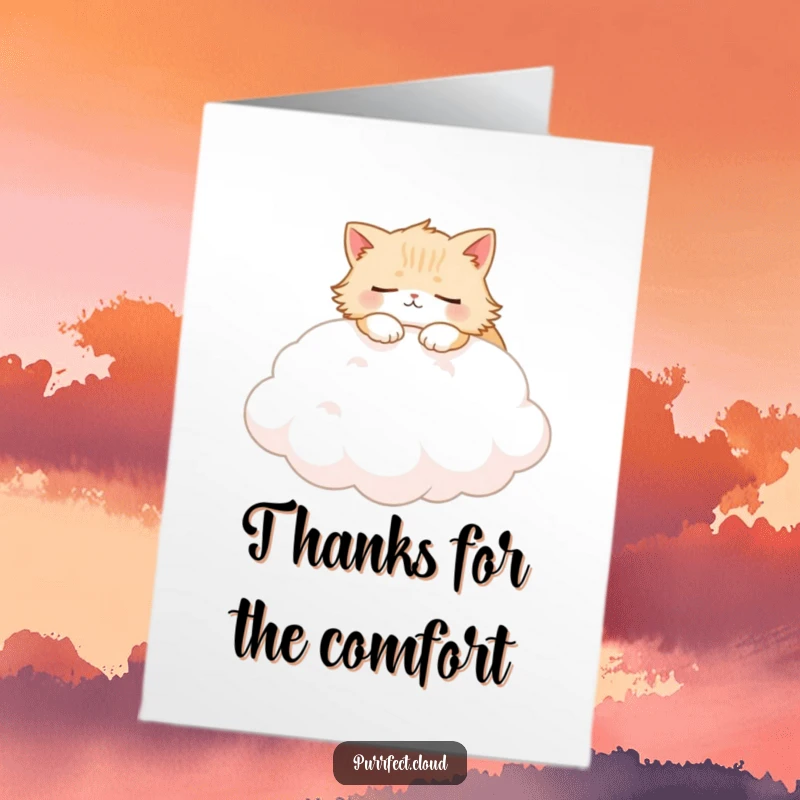 Funny Free Printable Thank You Card with a fluffy cat character snoozing soundly on a cloud, conveying peaceful thanks.