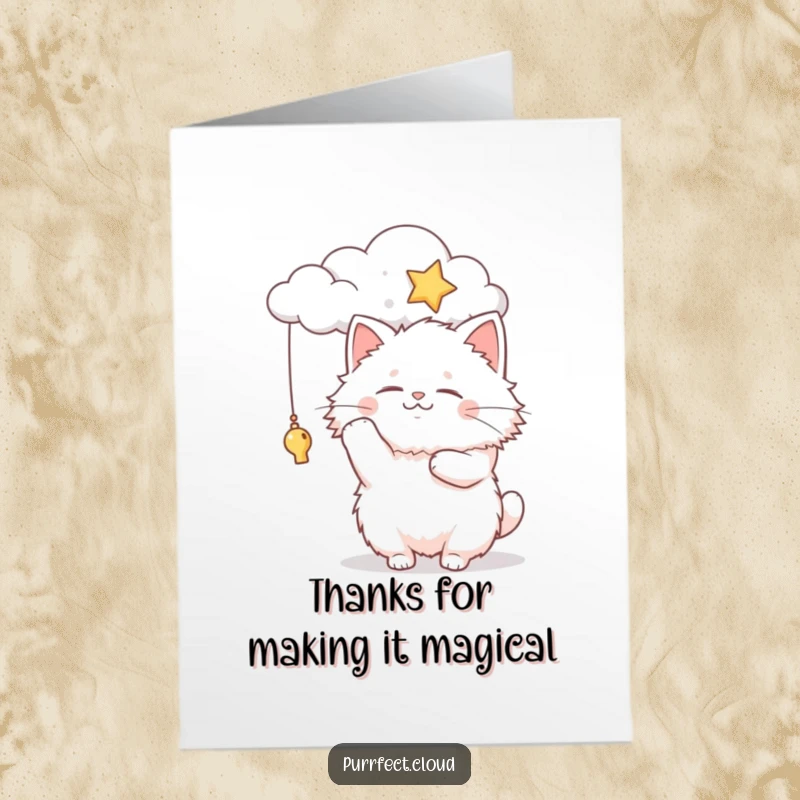 Funny Free Printable Thank You Card: Fluffy cat gazing longingly at a star from a cloud.