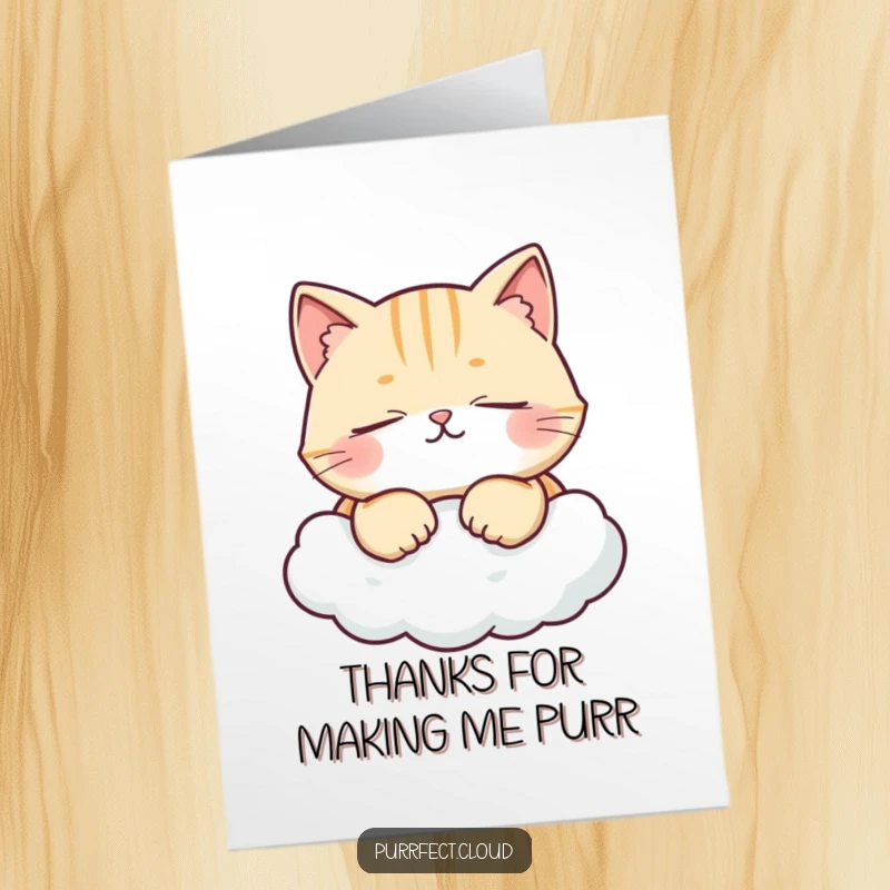 Funny Free Printable Thank You Card: A content cat rests on a cloud, sending warm and appreciative vibes with a happy expression.