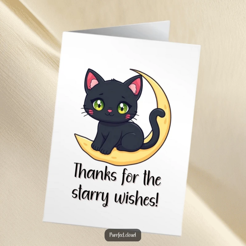 Funny free printable thank you card with a black cat character sitting on a crescent moon cloud.