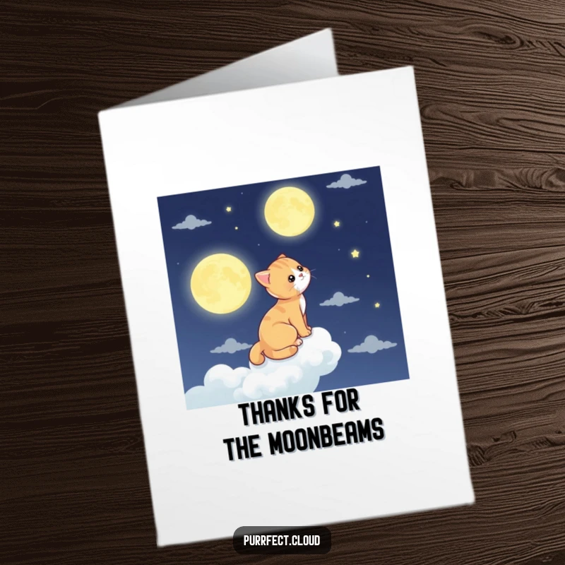 Funny Free Printable Thank You Card: A cat peacefully watches the moon from a cloud perch, a humorous and downloadable gift.