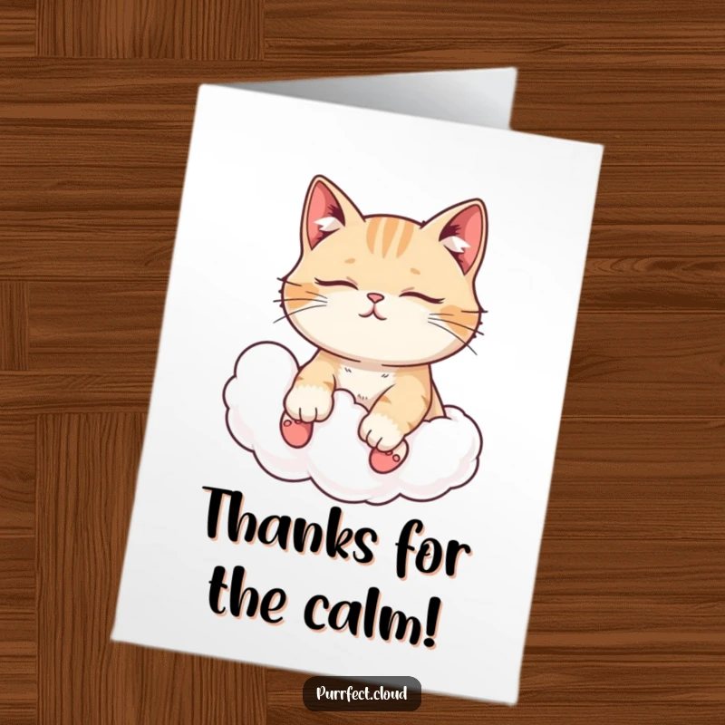 Funny Free Printable Thank You Card: A cat with closed eyes enjoys a peaceful cloud ride, sending calm thanks.