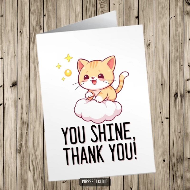 Funny Free Printable Thank You Card: a playful cat excitedly chases a bright glowing orb while on a cloud.