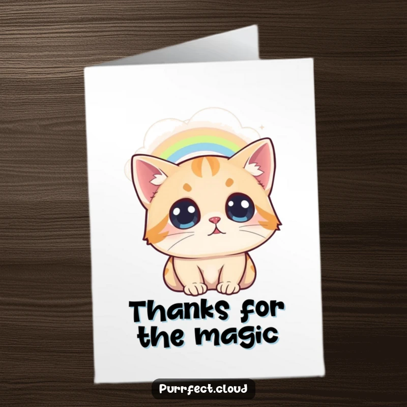 Free Printable thank you card: a cat with large, observant eyes, looking up at a colorful rainbow from its spot on a cloud.