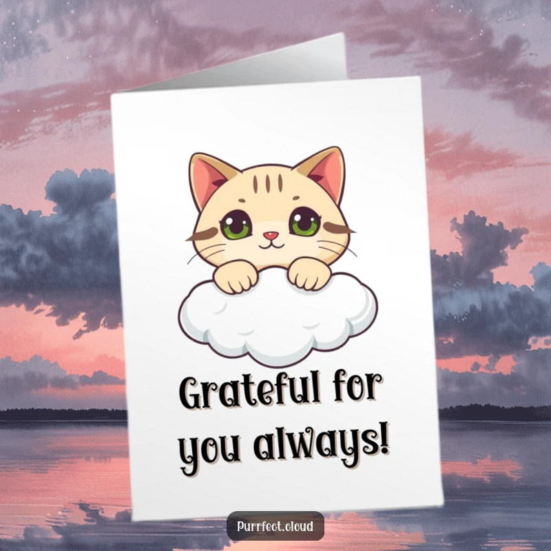 Funny Free Printable Thank You Card: a cat innocently peeks over the edge of a cloud, looking with curiosity.