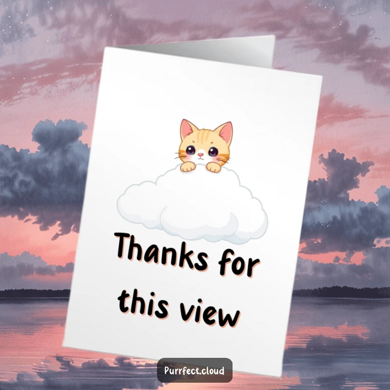 Funny Free Printable Thank You Card of a curious cat peeking from behind a cloud edge.