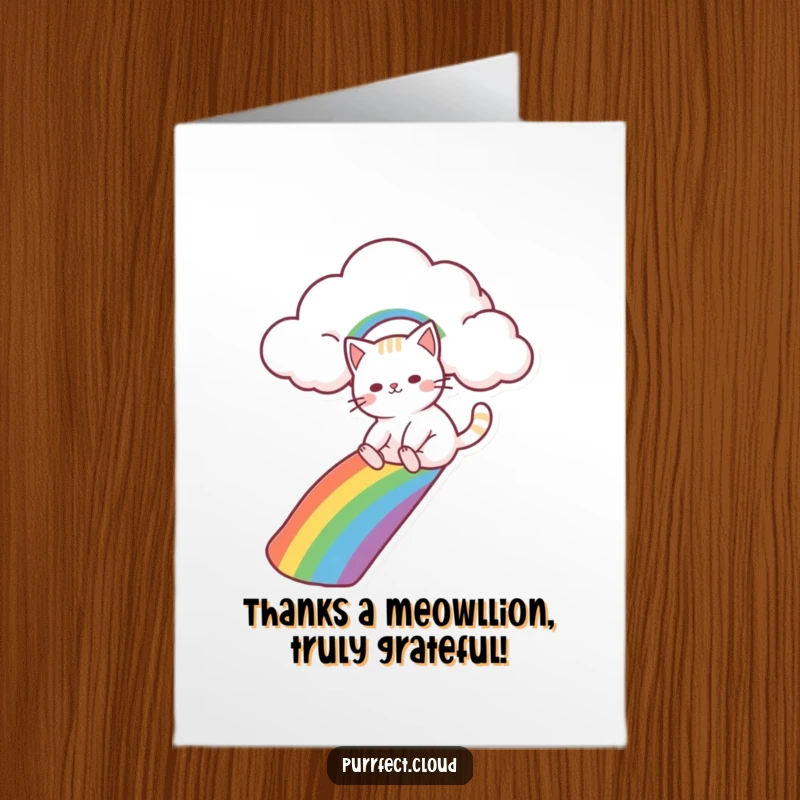 Free Printable Thank You Card: A cat gracefully slides down a rainbow, conveying thanks. A delightful and funny downloadable design.