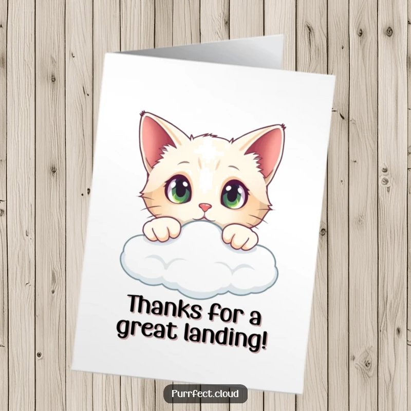 Funny Free Printable Thank You Card: A cat with wide eyes peeking over a cloud's edge, sending a curious thank you.