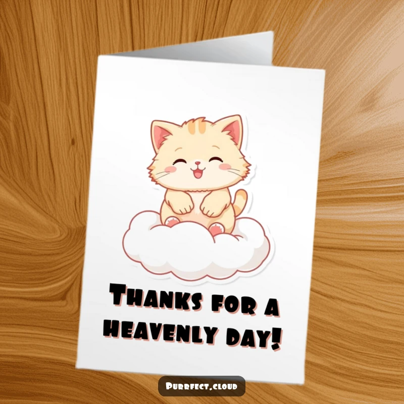Funny Free Printable Thank You Card: A fluffy cat playfully bouncing on a cloud, perfect for downloadable gratitude.