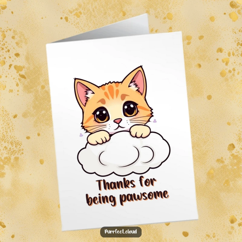 Funny Free Printable Thank You Card: A curious cat with expressive eyes peeking over a cloud, saying thanks.