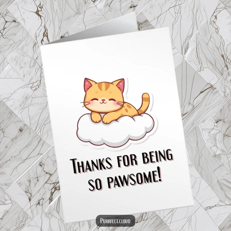 Funny free printable thank you card with a ginger cat character peacefully floating on a cloud.