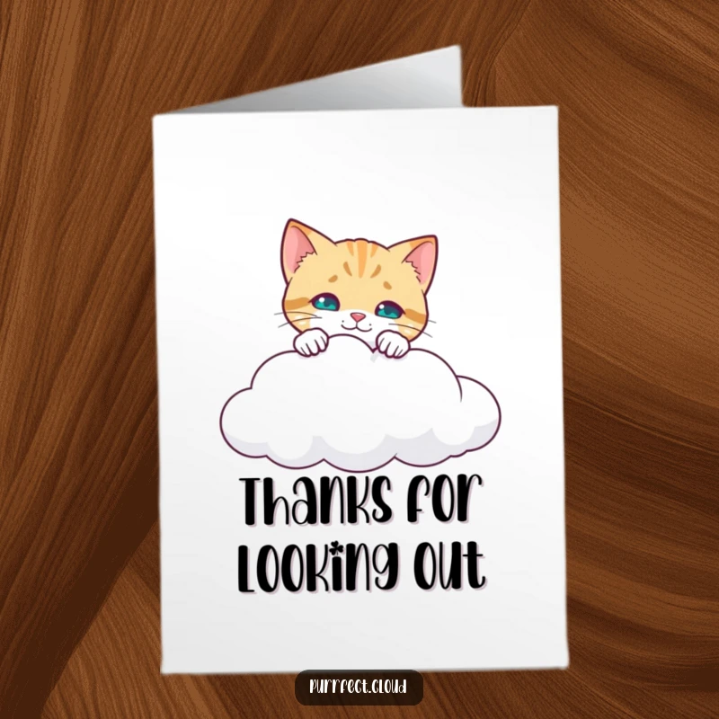 Funny Free Printable Thank You Card with a cat curiously peering over a cloud's edge, adding a humorous element.