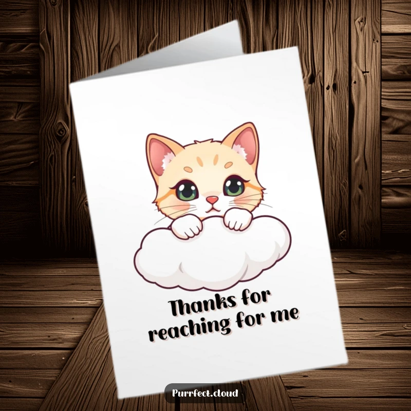 Funny Free Printable Thank You Card: A curious cat looks over a cloud edge, perfect for expressing thanks.