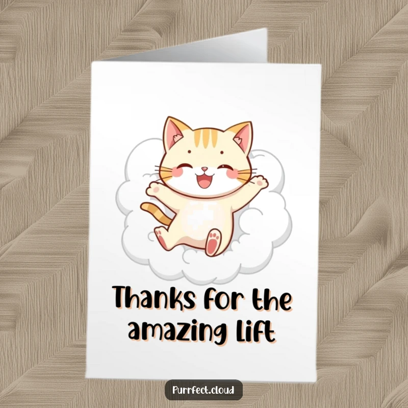Funny Free Printable Thank You Card: A playful cat character makes a joyful leap through a fluffy white cloud.