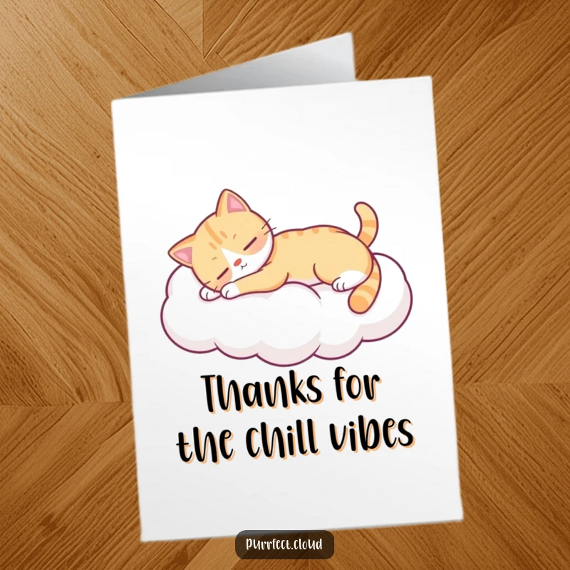 Funny Free Printable Thank You Card: A relaxed cat naps on a fluffy cloud, conveying calm appreciation.