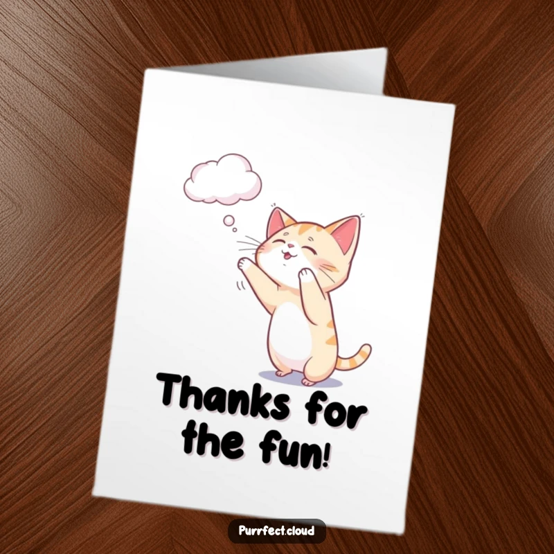 Funny Free Printable Thank You Card: An active cat playfully swatting at a dangling cloud strand.