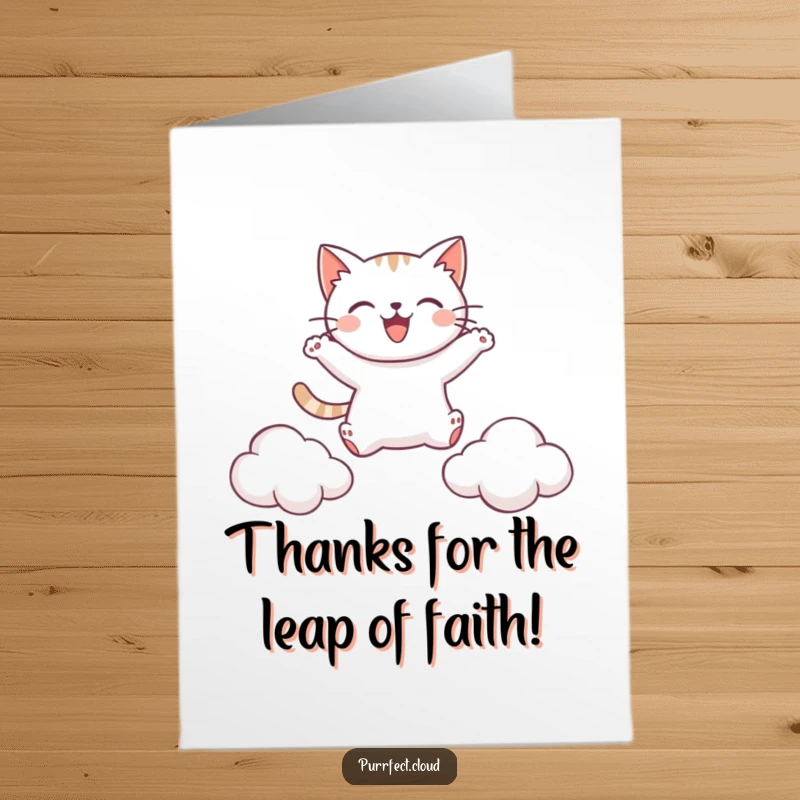 Funny Free Printable Thank You Card: A cat mid-leap, soaring happily between soft clouds, showing vibrant energy.