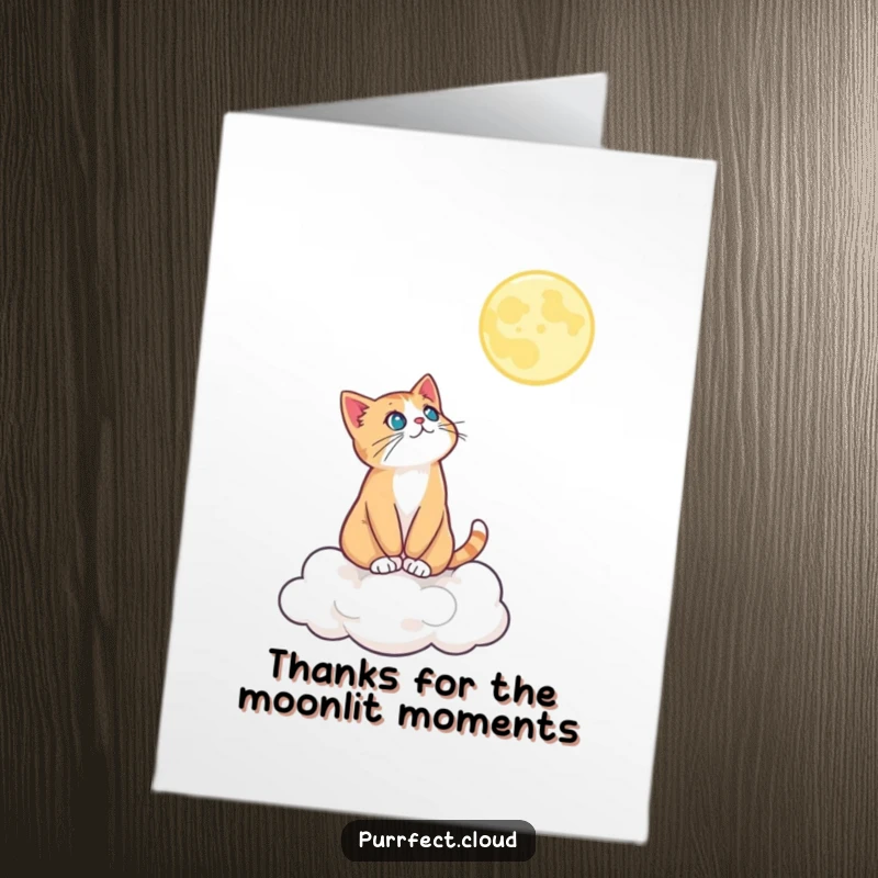 Funny Free Printable Thank You Card: A cat on a cloud gazes at the moon, conveying deep gratitude and wonder.